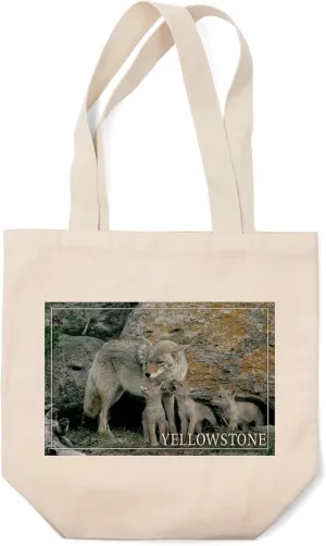 Lantern Press Yellowstone, Wolf Mother and Pups (100% Cotton Canvas Reusable Tote Bag)