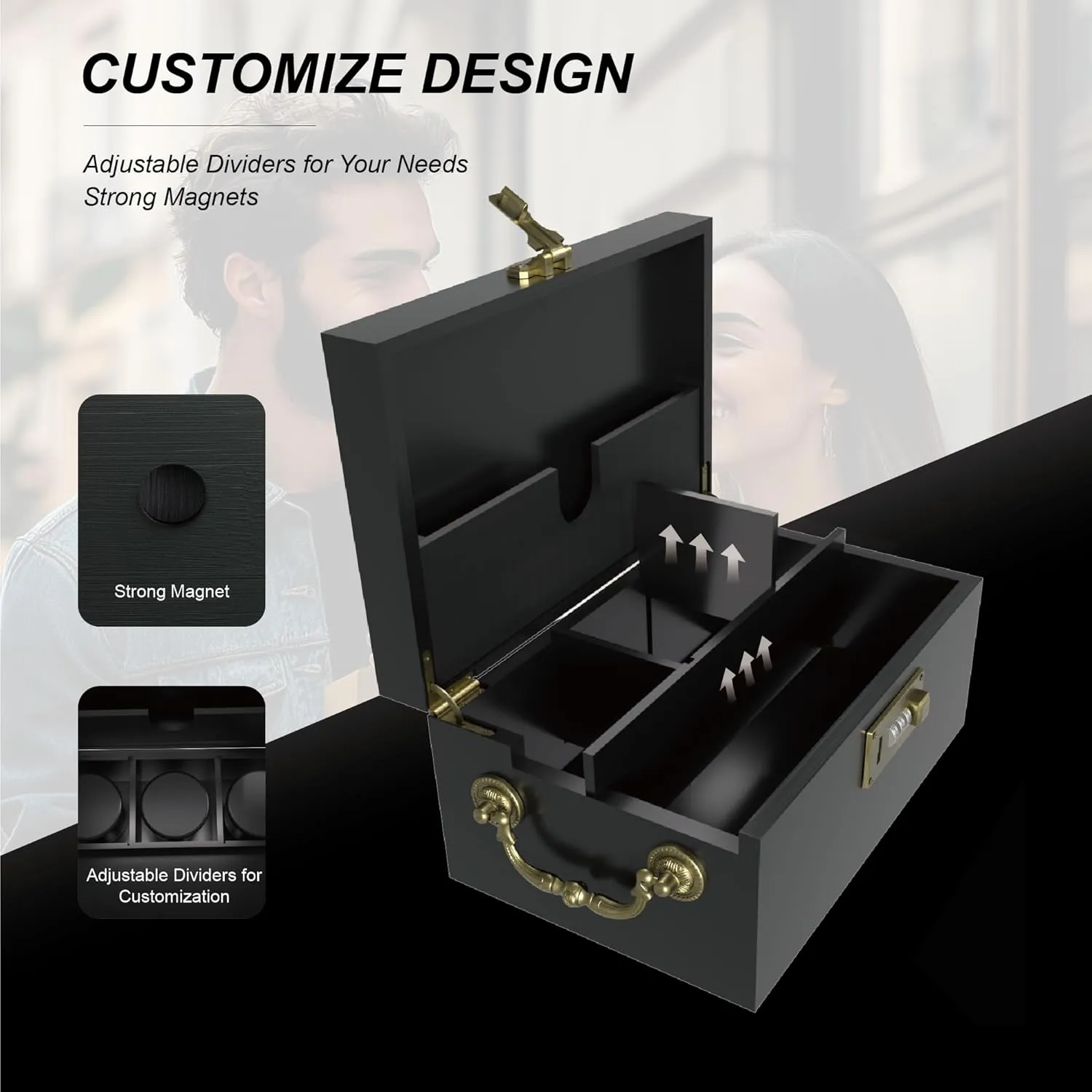 Large Bamboo Box with Combination Lock,Engraved Decorative Box with Handle,Storage Stash Box Set,Removable Dividers,Rolling Tray,Glass Jars,Grinder Card, Tube,Smell Proof Bag, Great Gift, Horned Demon