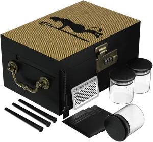 Large Bamboo Box with Combination Lock,Engraved Decorative Box with Handle,Storage Stash Box Set,Removable Dividers,Rolling Tray,Glass Jars,Grinder Card, Tube,Smell Proof Bag, Great Gift, Horned Demon