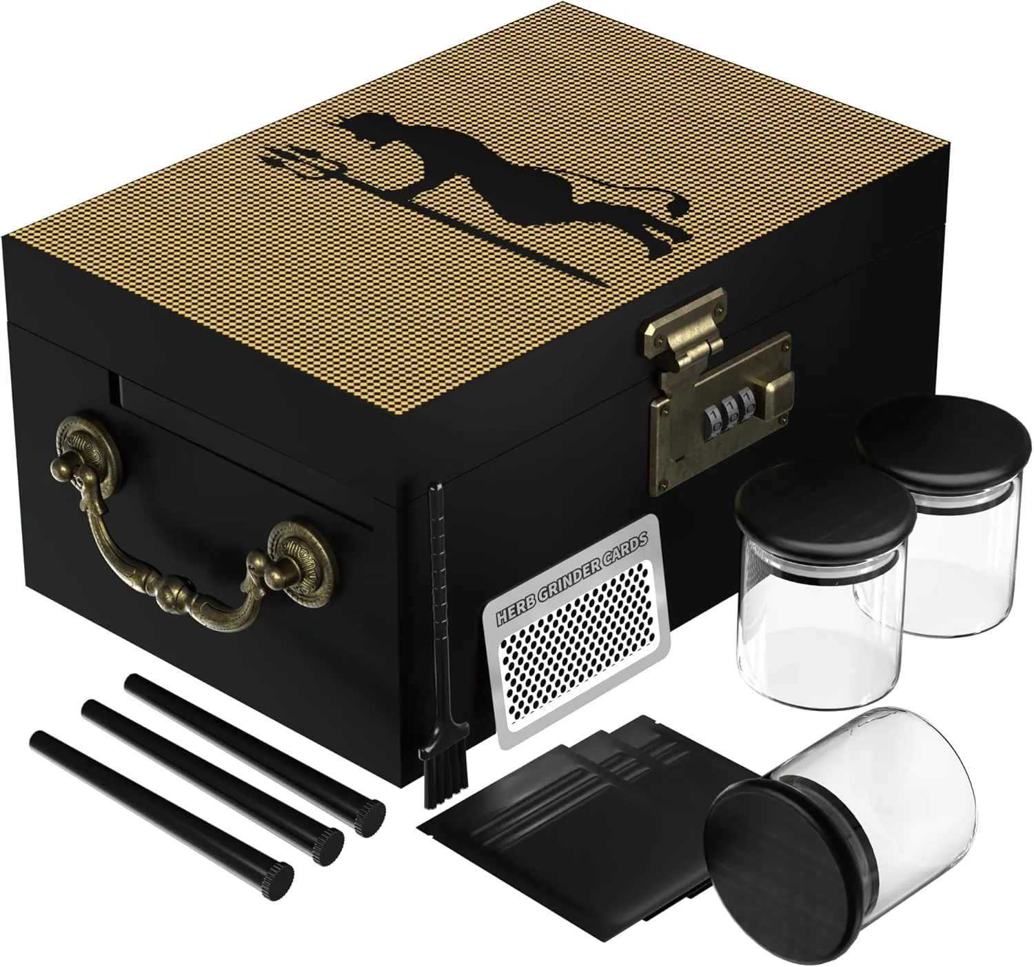 Large Bamboo Box with Combination Lock,Engraved Decorative Box with Handle,Storage Stash Box Set,Removable Dividers,Rolling Tray,Glass Jars,Grinder Card, Tube,Smell Proof Bag, Great Gift, Horned Demon