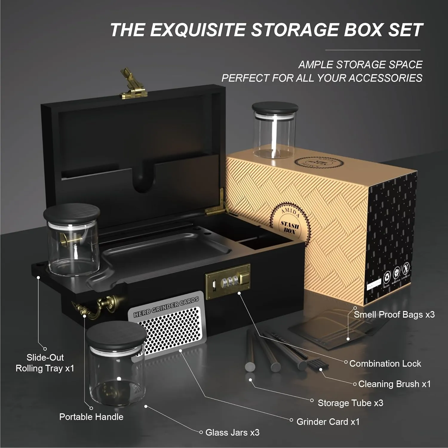 Large Bamboo Box with Combination Lock,Engraved Decorative Box with Handle,Storage Stash Box Set,Removable Dividers,Rolling Tray,Glass Jars,Grinder Card, Tube,Smell Proof Bag, Great Gift, Horned Demon