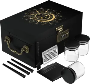 Large Bamboo Box with Combination Lock,Engraved Decorative Box with Handle,Storage Stash Box Set,Removable Dividers,Rolling Tray,Glass Jars,Grinder Card, Tube,Smell Proof Bag, Great Gift Kits,Sun Moon