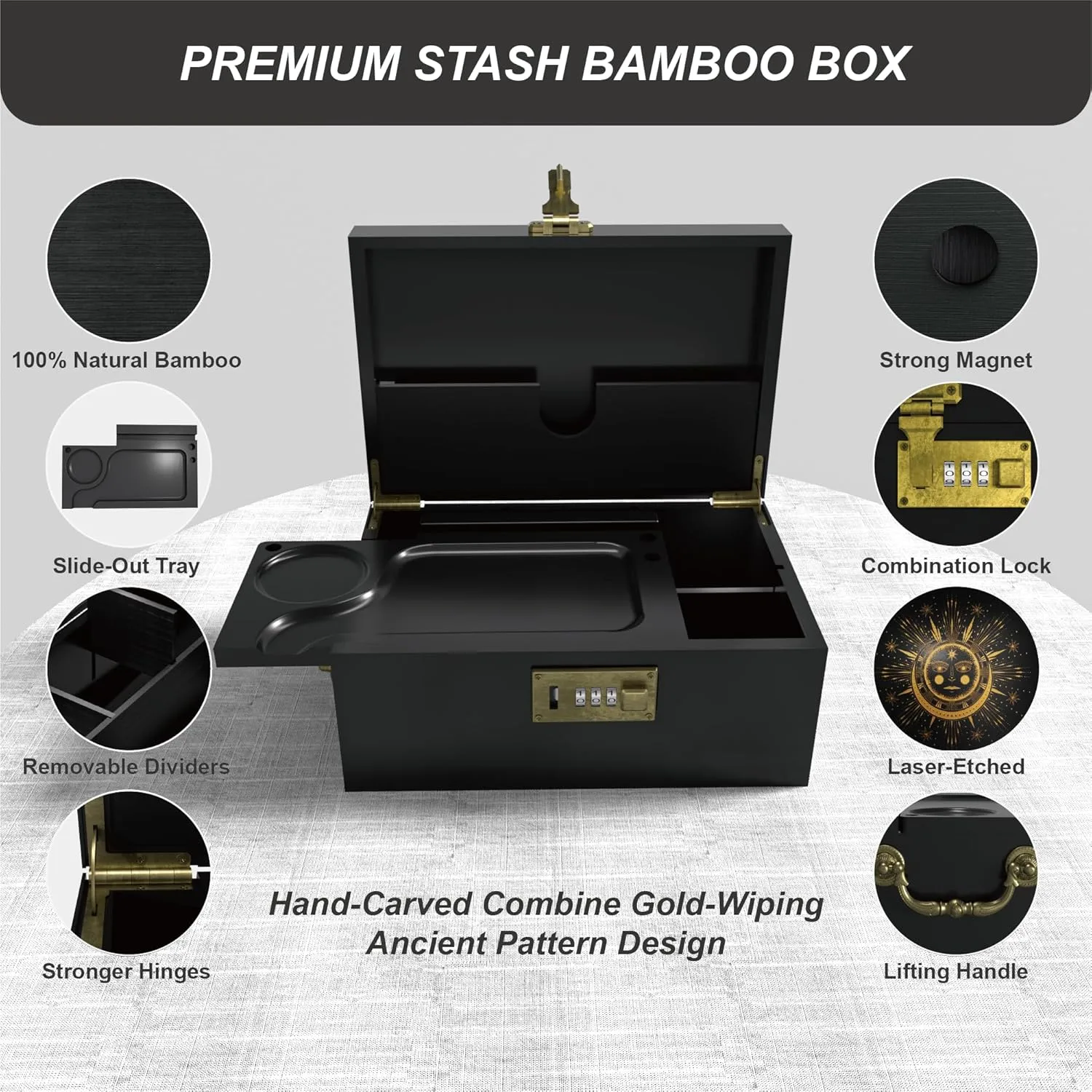 Large Bamboo Box with Combination Lock,Engraved Decorative Box with Handle,Storage Stash Box Set,Removable Dividers,Rolling Tray,Glass Jars,Grinder Card, Tube,Smell Proof Bag, Great Gift Kits,Sun Moon
