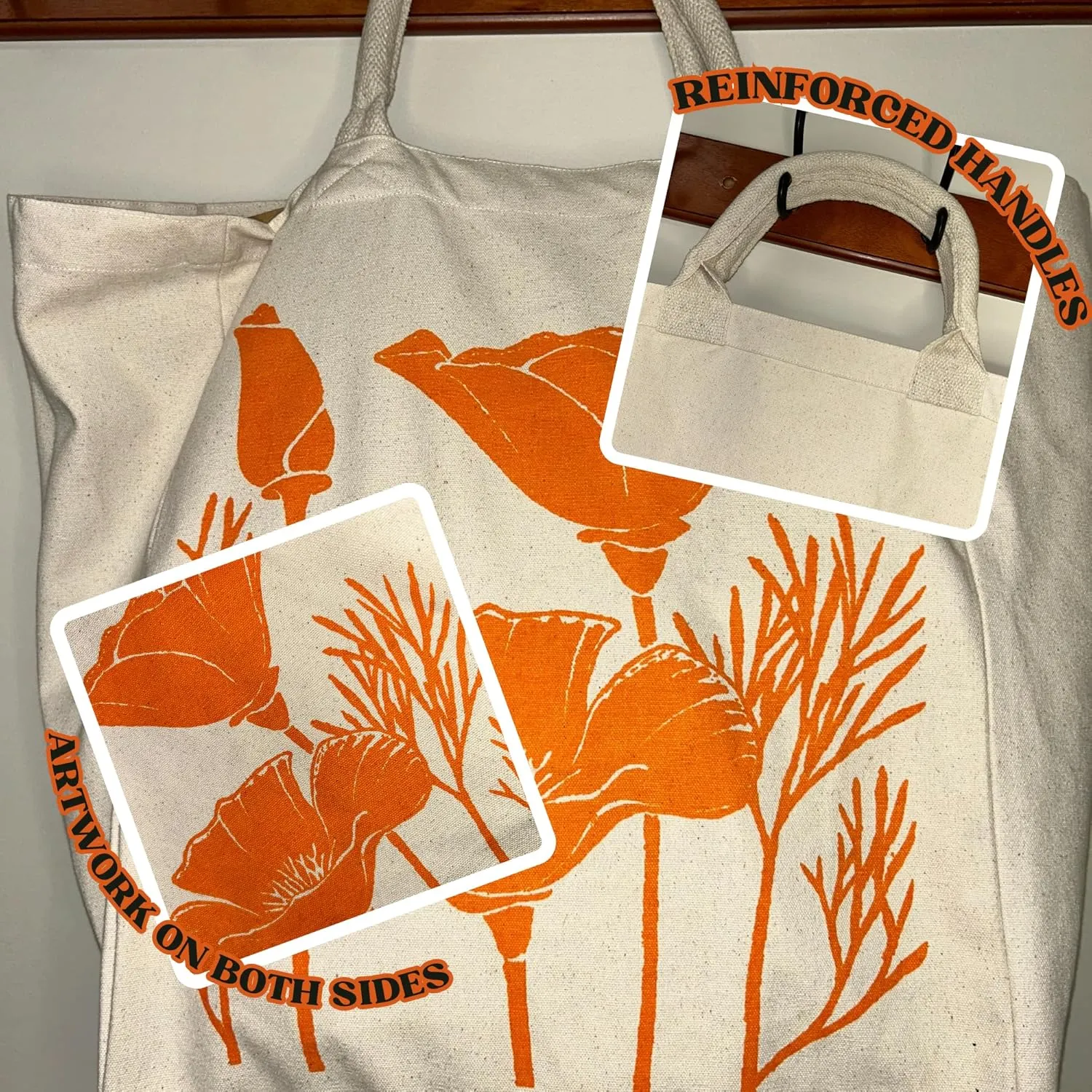 Large Canvas Tote Poppy 100% Cotton canvas, Grocery bag, Shopping bag, Reusable, Washable, Reinforced Handles