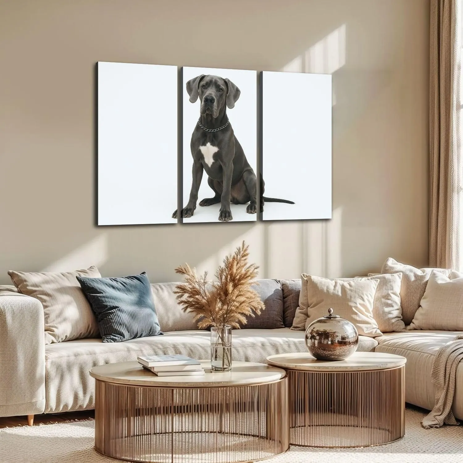 Large Canvas Wall Art 3 Pcs Studio shot an adorable Great Dane dog Canvas Art Prints Pictures Framed Artwork Poster Wall Decor for Living Room Bedroom 32x48 In