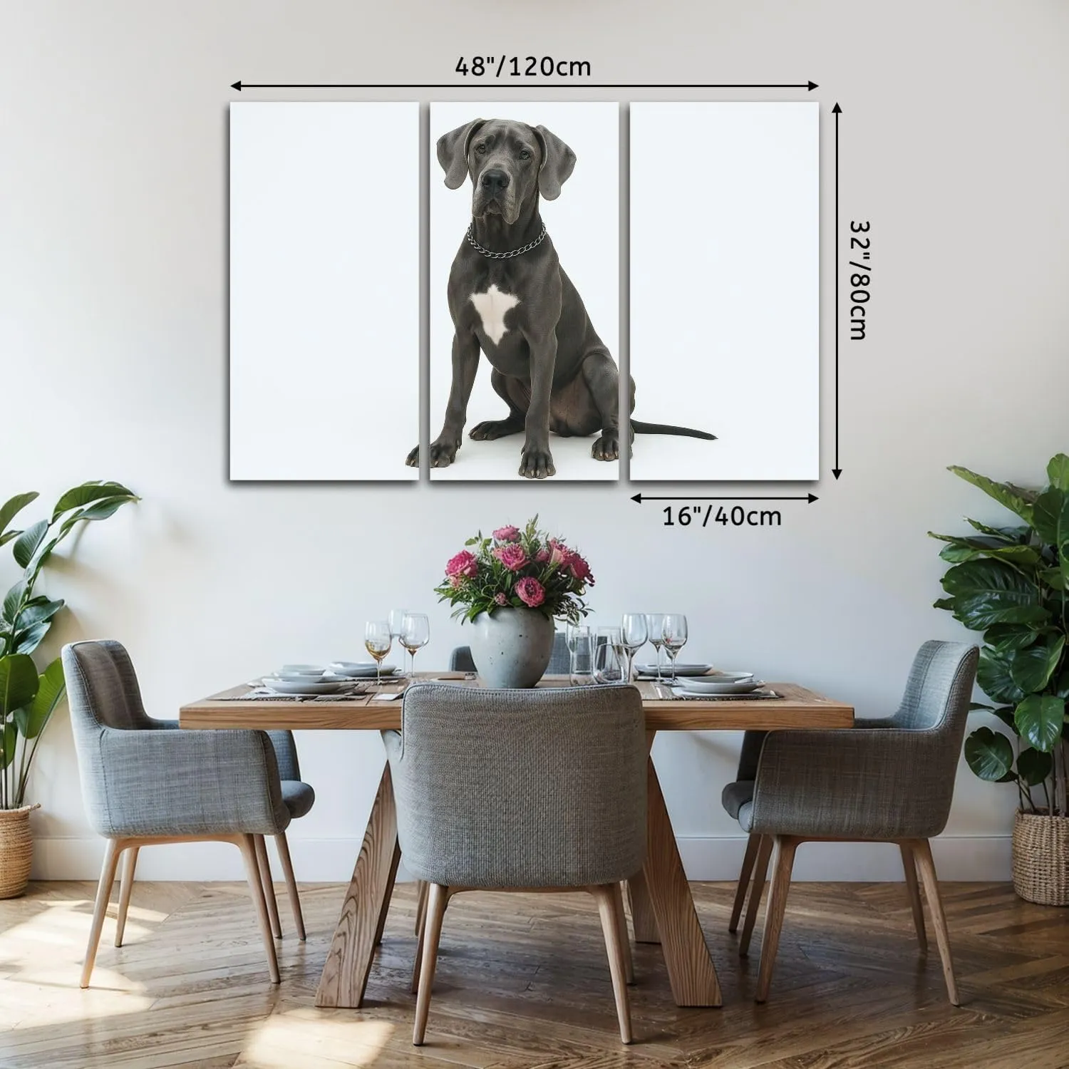 Large Canvas Wall Art 3 Pcs Studio shot an adorable Great Dane dog Canvas Art Prints Pictures Framed Artwork Poster Wall Decor for Living Room Bedroom 32x48 In