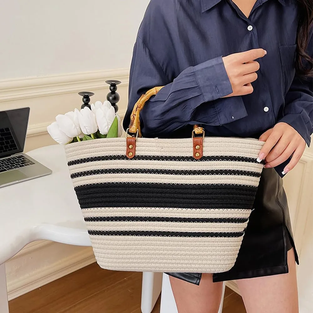 Large Capacity Tote Bag for Women Hand-Woven Straw Bag with Plastic Handle Woven Summer Tote Handbag Travel Beach