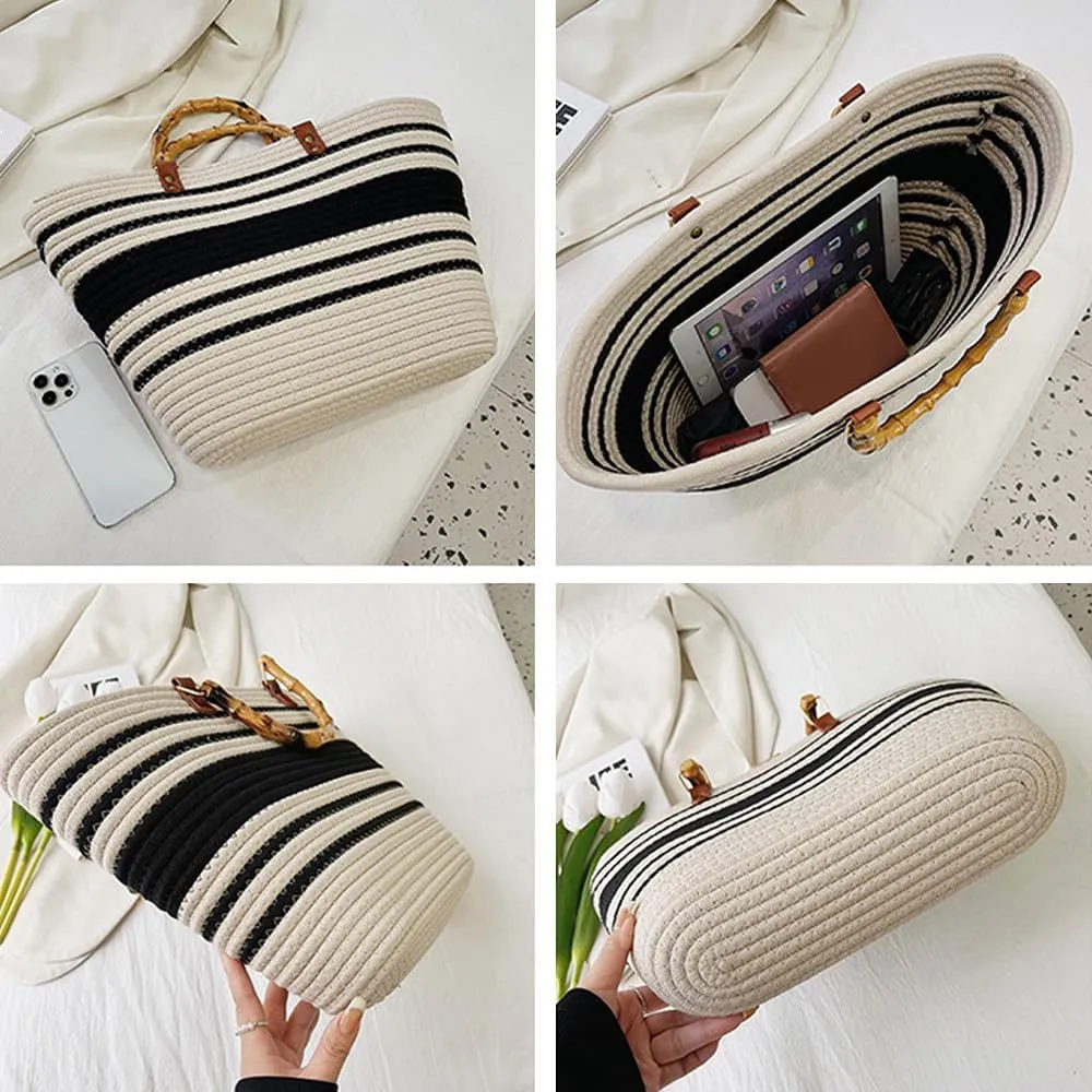 Large Capacity Tote Bag for Women Hand-Woven Straw Bag with Plastic Handle Woven Summer Tote Handbag Travel Beach