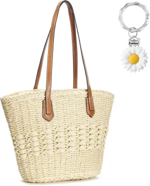 Large Straw Beach Bag for Women Summer Tote Bags Shoulder Handbags Woven Straw Totes-Perfect for Vacations and Outings