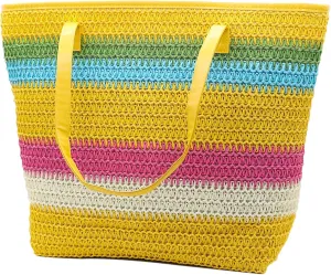 Large Straw Tote Bag for Women Rattan Woven Straw Beach Bag Purse Colored Stripe Shoulder Bags Handbag Summer