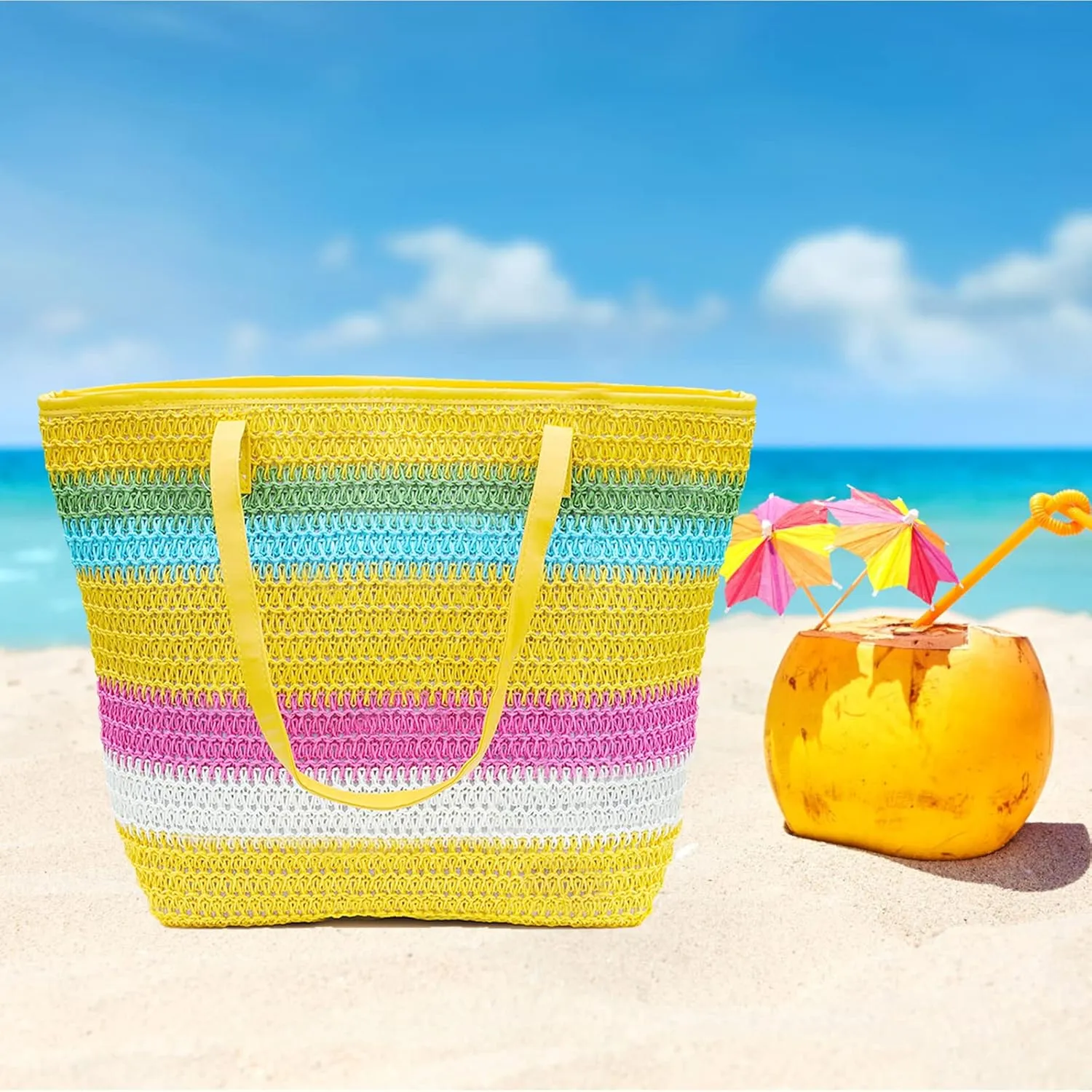 Large Straw Tote Bag for Women Rattan Woven Straw Beach Bag Purse Colored Stripe Shoulder Bags Handbag Summer