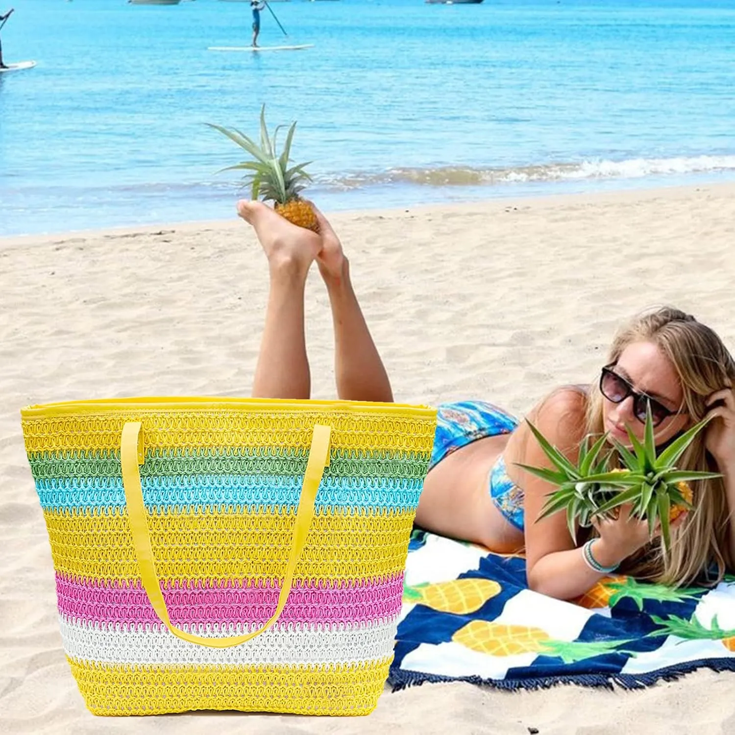 Large Straw Tote Bag for Women Rattan Woven Straw Beach Bag Purse Colored Stripe Shoulder Bags Handbag Summer