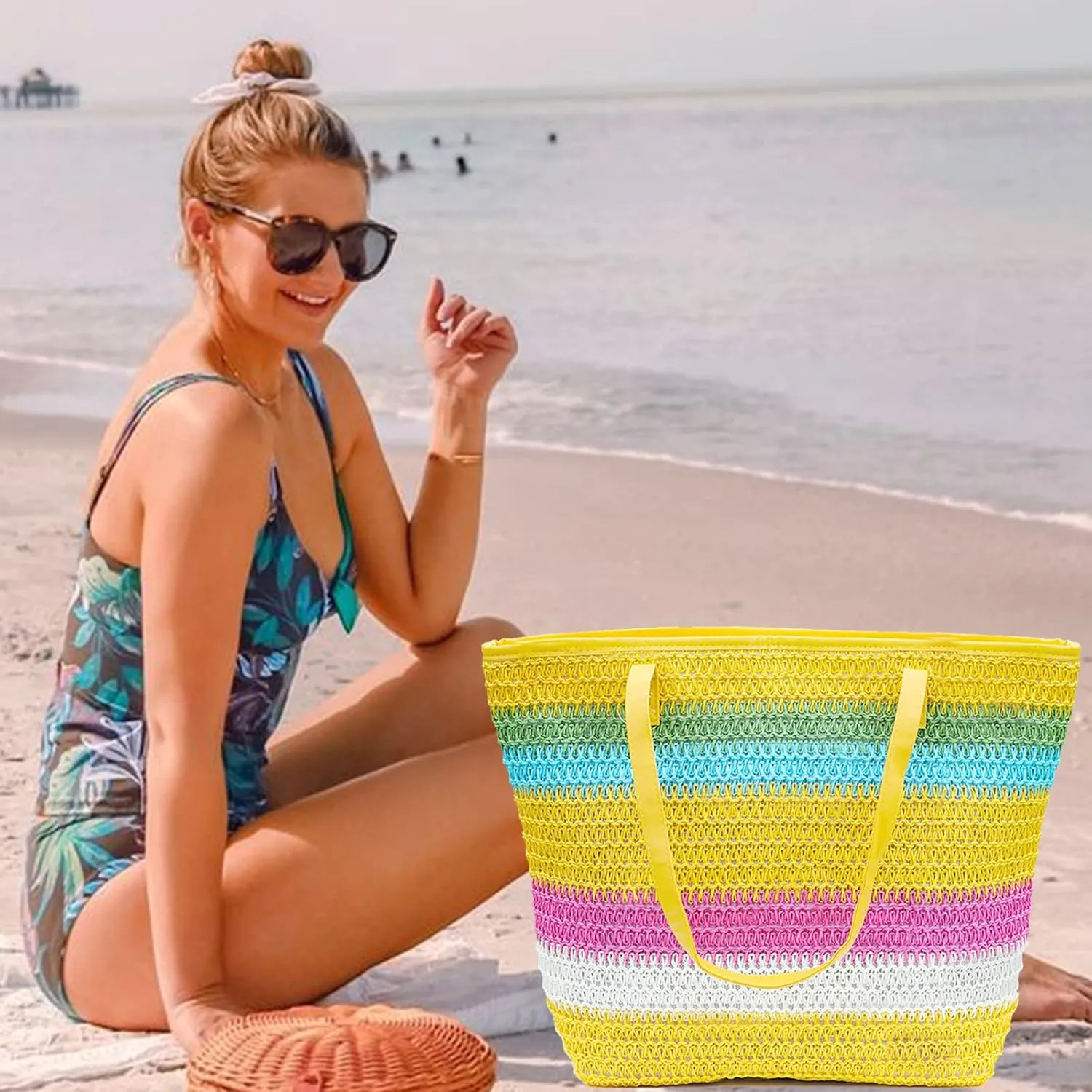 Large Straw Tote Bag for Women Rattan Woven Straw Beach Bag Purse Colored Stripe Shoulder Bags Handbag Summer