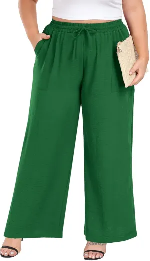 Lastshe Women's Plus Size Wide Leg Pants Summer Stretchy Drawstring Waist Comfortable Fit Casual Trousers Pants with Pockets