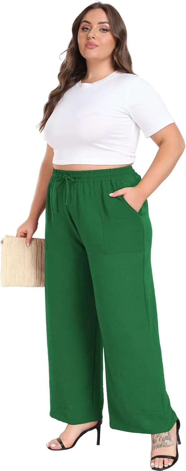 Lastshe Women's Plus Size Wide Leg Pants Summer Stretchy Drawstring Waist Comfortable Fit Casual Trousers Pants with Pockets