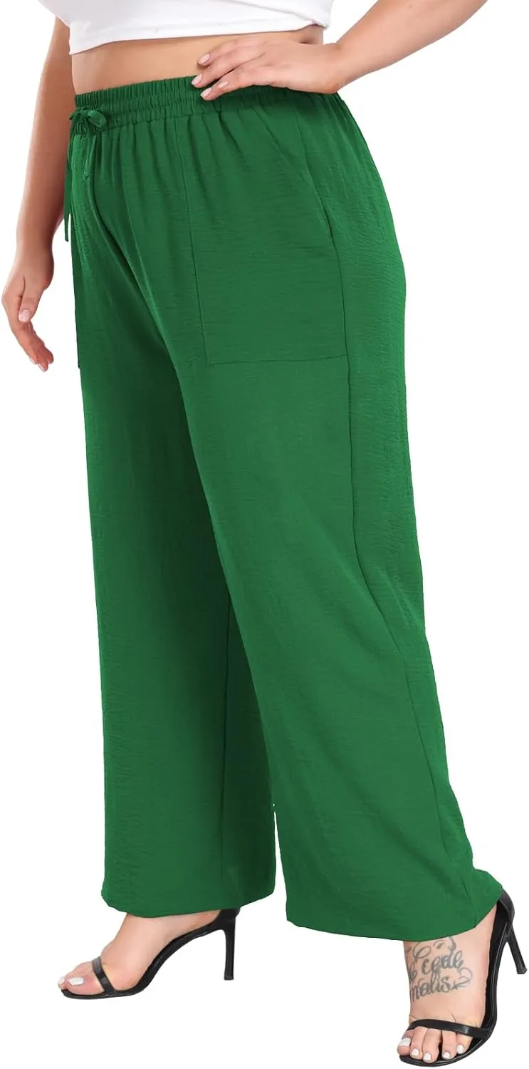 Lastshe Women's Plus Size Wide Leg Pants Summer Stretchy Drawstring Waist Comfortable Fit Casual Trousers Pants with Pockets