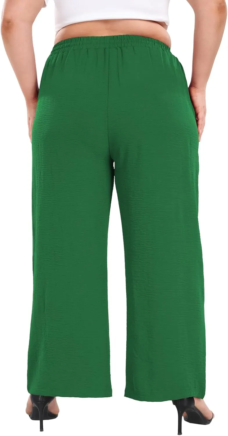 Lastshe Women's Plus Size Wide Leg Pants Summer Stretchy Drawstring Waist Comfortable Fit Casual Trousers Pants with Pockets