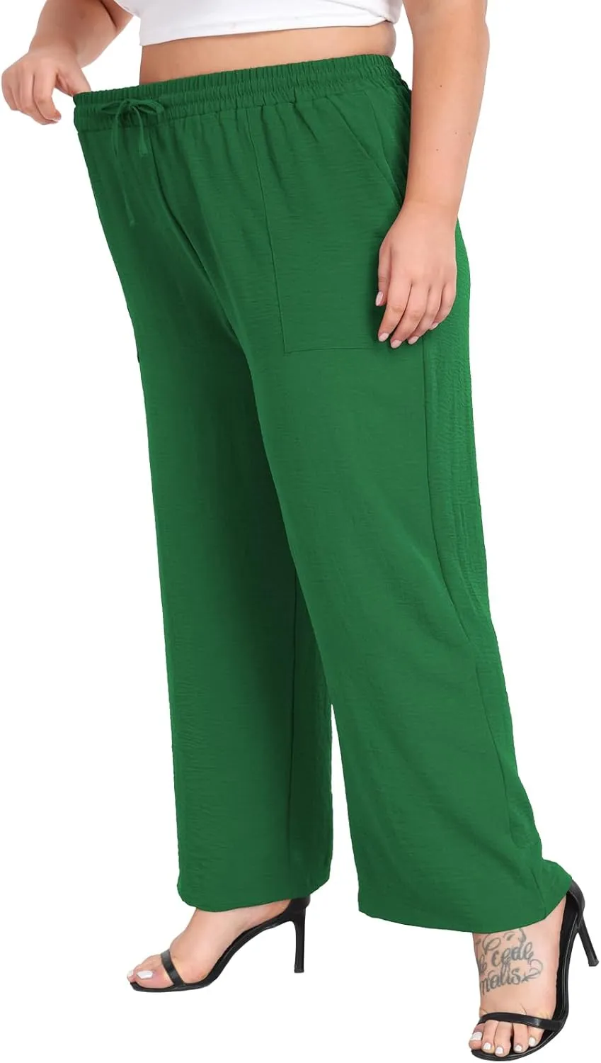 Lastshe Women's Plus Size Wide Leg Pants Summer Stretchy Drawstring Waist Comfortable Fit Casual Trousers Pants with Pockets