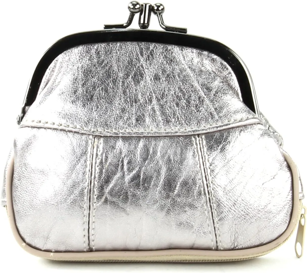 Leather Impressions Double Coin Purse for Women - Genuine Leather Coin Purse with Twist Clasp, 1 zipper pocket, 1 pack lightweight - Timeless clean stitched Small Coin Purse (Silver)…