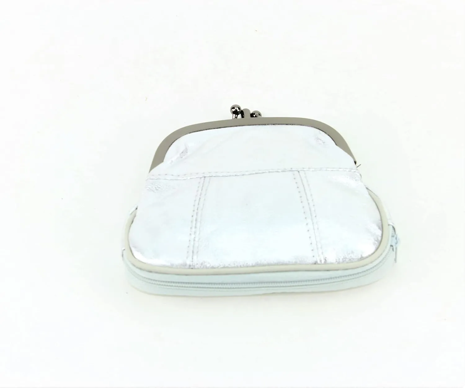 Leather Impressions Double Coin Purse for Women - Genuine Leather Coin Purse with Twist Clasp, 1 zipper pocket, 1 pack lightweight - Timeless clean stitched Small Coin Purse (Silver)…