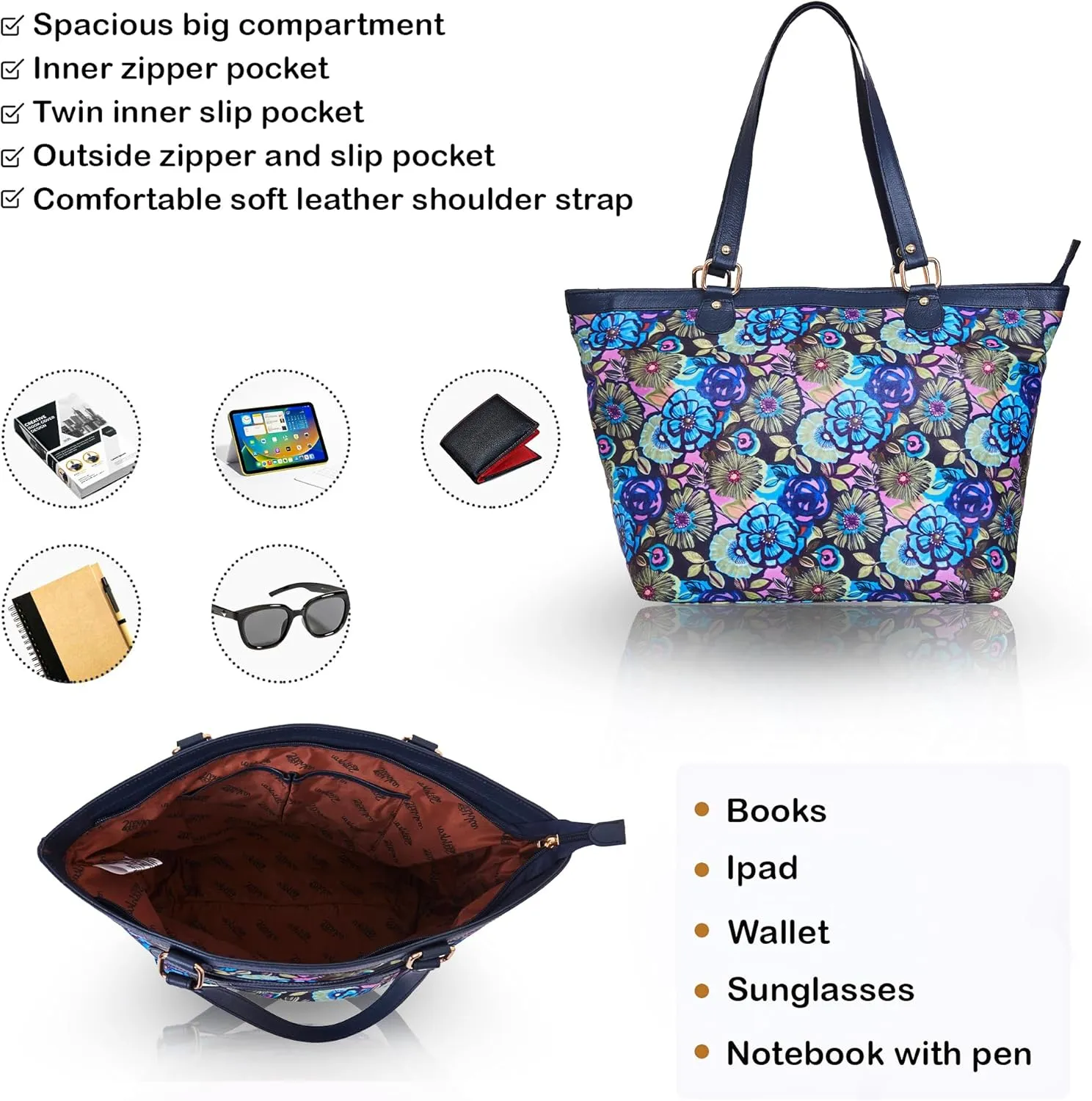 Leather Trim Printed Tote Bag for Women