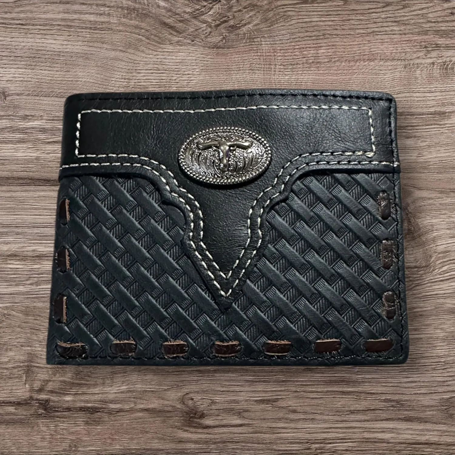 Leather Wallet Basketwave Cowboy Texas Longhorn Concho Cowhide Stitched Bi Fold Checkbook Style Hand Crafted High End Smooth Leather Mens Wallets Leather Gifts For Men (Black)