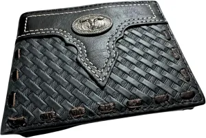 Leather Wallet Basketwave Cowboy Texas Longhorn Concho Cowhide Stitched Bi Fold Checkbook Style Hand Crafted High End Smooth Leather Mens Wallets Leather Gifts For Men (Black)