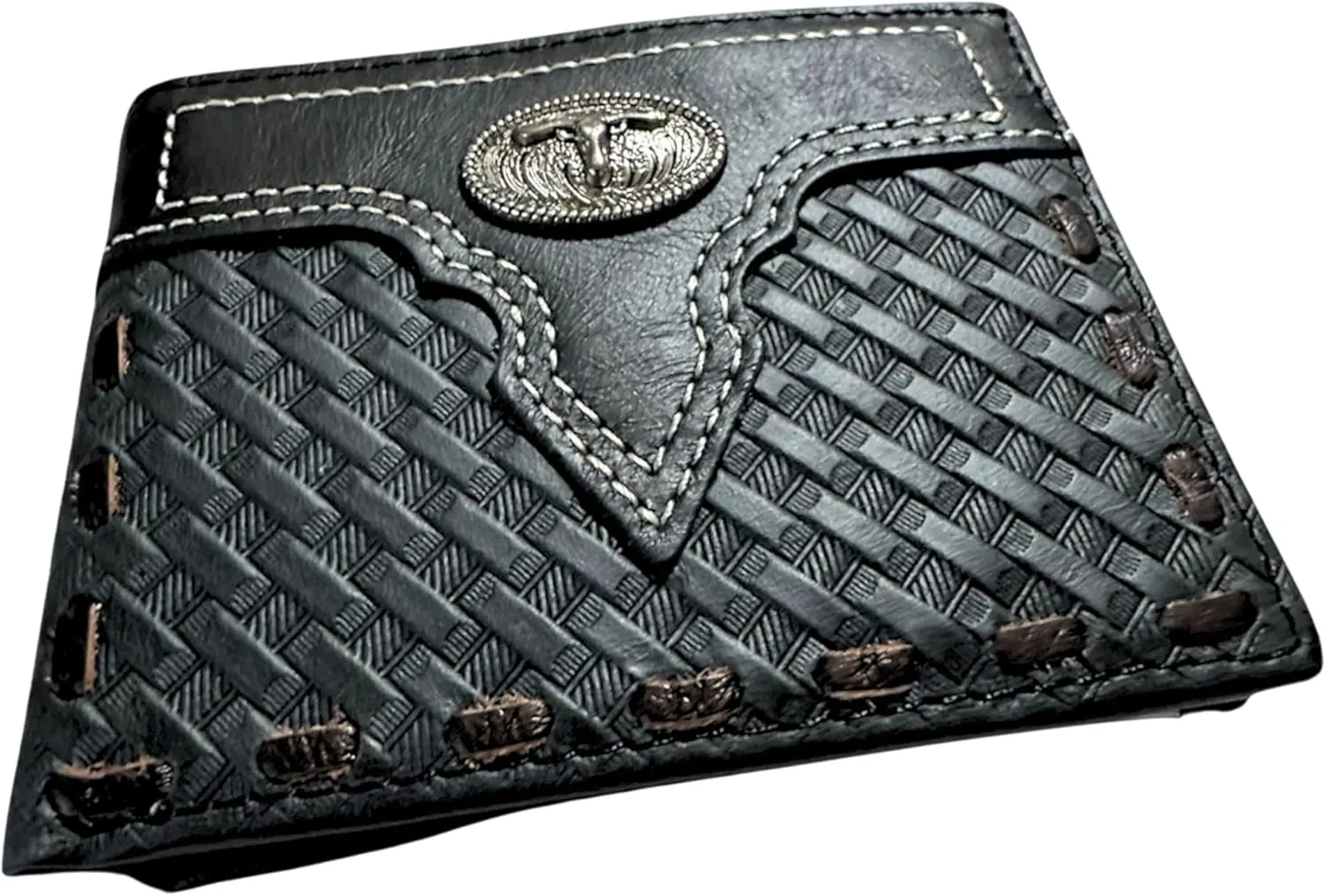 Leather Wallet Basketwave Cowboy Texas Longhorn Concho Cowhide Stitched Bi Fold Checkbook Style Hand Crafted High End Smooth Leather Mens Wallets Leather Gifts For Men (Black)