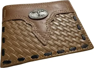 Leather Wallet Basketwave Cowboy Texas Longhorn Concho Cowhide Stitched Bi Fold Checkbook Style Hand Crafted High End Smooth Leather Mens Wallets Leather Gifts For Men (Brown)