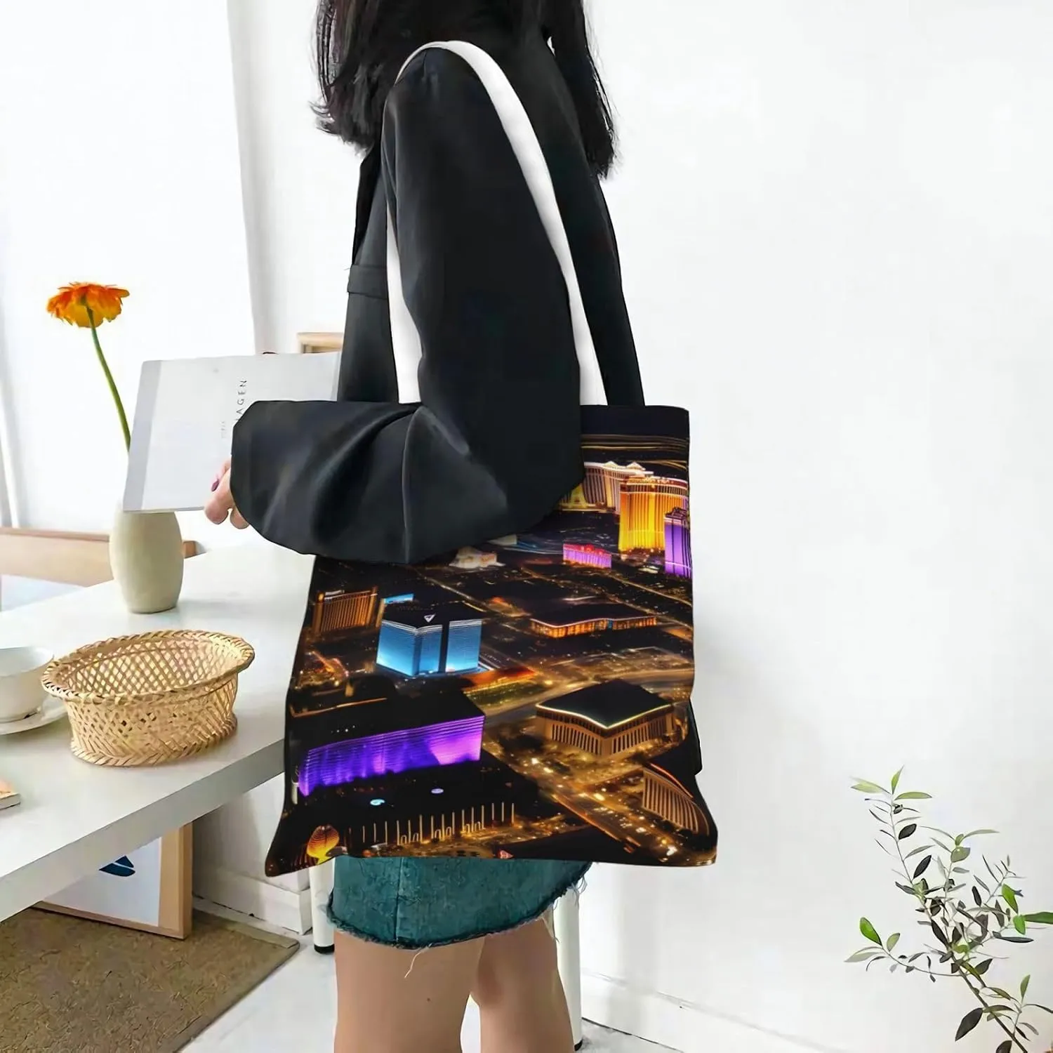 Lemon And Flowers Canvas Tote Bags For Women Handbag Tote Purse,Canvas Crossbody Bag For Office, Travel, School