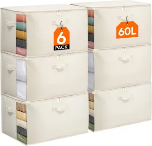 Lifewit 6 Pack Canvas Storage Bags for Clothes, 60L Cotton Linen Blanket Storage with Zipper, Comforter Storage with Three Sturdy Handles, Storage Containers for Sweaters, Pillows, Duvets, Bedding