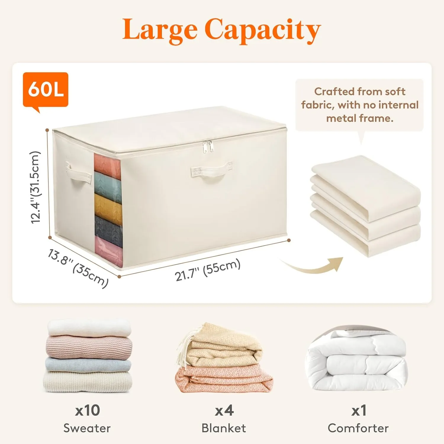 Lifewit 6 Pack Canvas Storage Bags for Clothes, 60L Cotton Linen Blanket Storage with Zipper, Comforter Storage with Three Sturdy Handles, Storage Containers for Sweaters, Pillows, Duvets, Bedding
