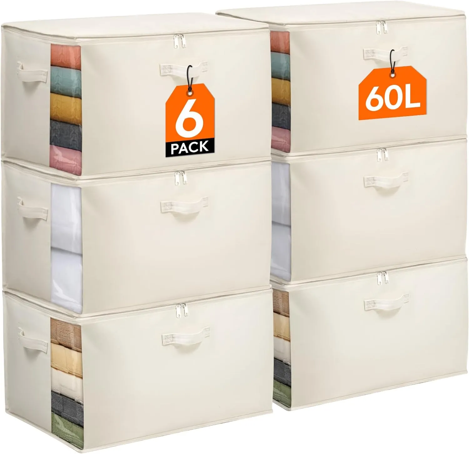 Lifewit 6 Pack Canvas Storage Bags for Clothes, 60L Cotton Linen Blanket Storage with Zipper, Comforter Storage with Three Sturdy Handles, Storage Containers for Sweaters, Pillows, Duvets, Bedding