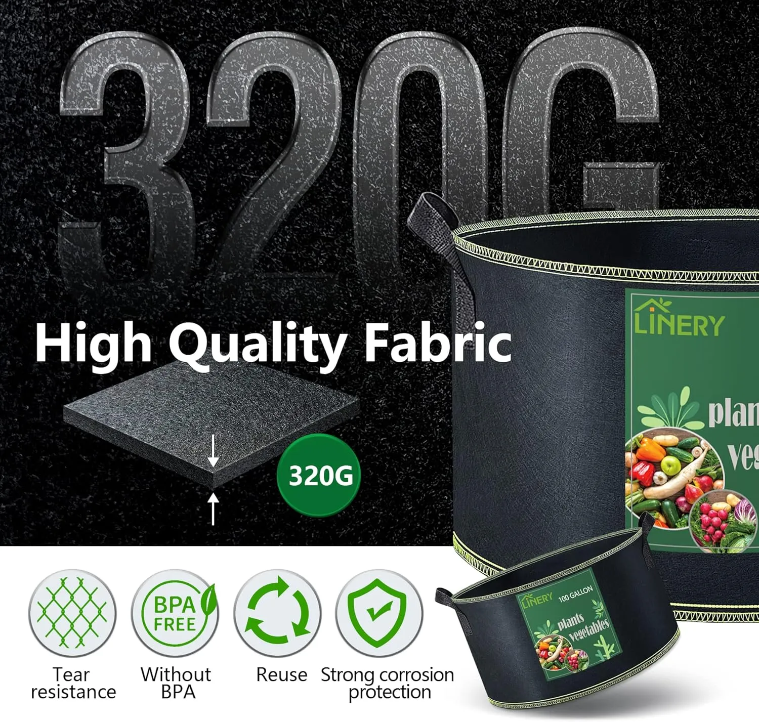 LINERY 4-Pack 150 Gallon Planting Grow Bag Black Heavy Duty Thickened Grow Bags Upgrade Hemming Process Grow Bag with Handles Non-Woven Fabric Plant Pots【4-150G】