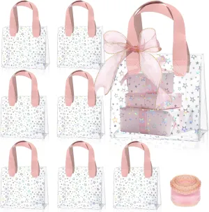 Liobelon 8 Pieces Clear PVC Gift Bags with Handles, Transparent Gift Bag with Sheer Ribbon Cute Star Goodie Bags Small Gift Bag for Thanksgiving Christmas Wedding Birthday Baby Shower Party Supplies