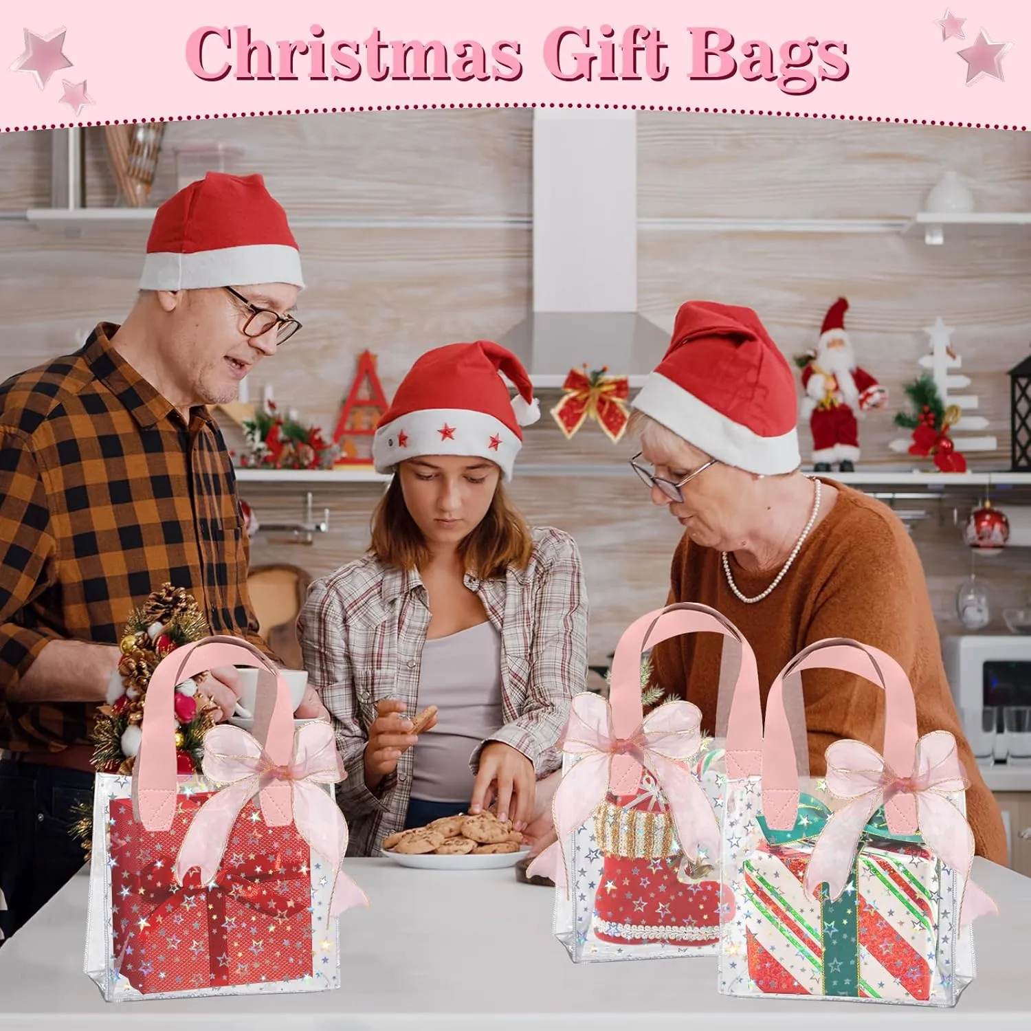 Liobelon 8 Pieces Clear PVC Gift Bags with Handles, Transparent Gift Bag with Sheer Ribbon Cute Star Goodie Bags Small Gift Bag for Thanksgiving Christmas Wedding Birthday Baby Shower Party Supplies