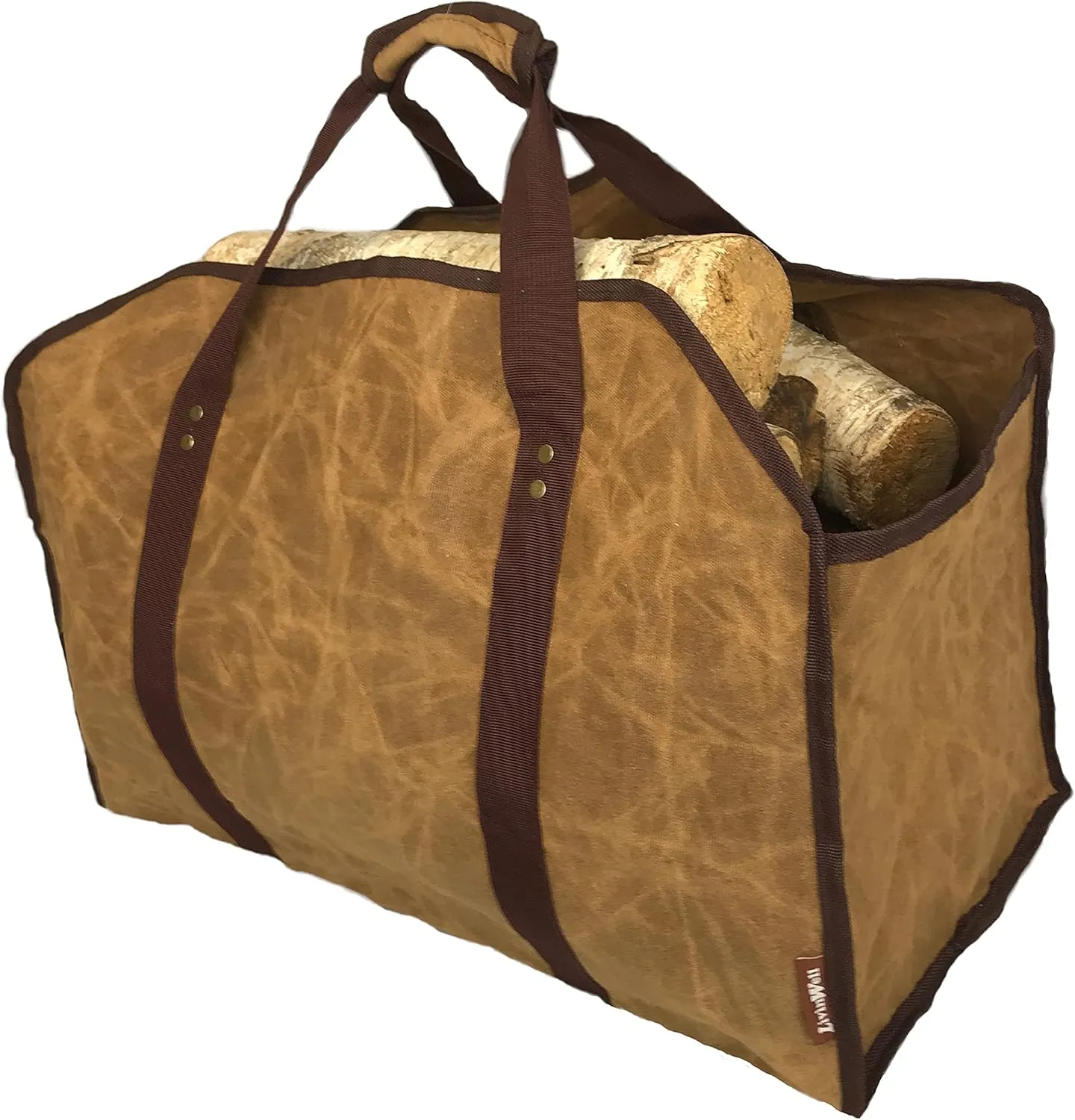 LivinWell Firewood Carrier Log Tote Bag Stands Up for Easy Wood Loading Large Heavy Duty Waxed Canvas Optional Metal Rack for Fireplace Storage Carry Basket with Closed Ends