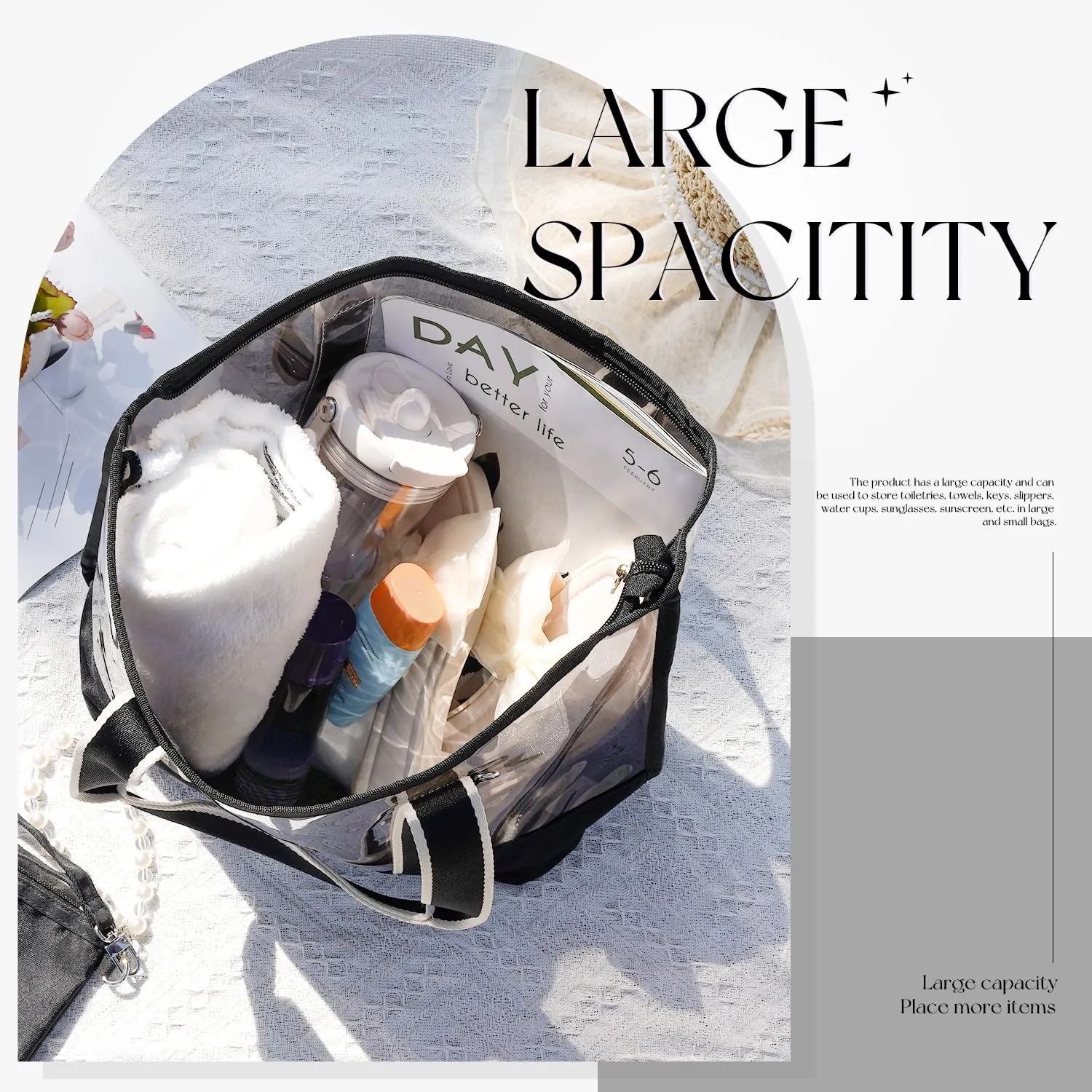 LONG VACATION Beach Bags for Women, PVC Travel Tote Waterproof Sandproof, Beach Bag with Zipper, Iridescent Beach Tote Bag