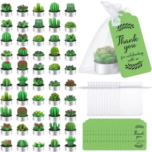 Loopeer 50 Sets Cactus Candles Succulent Candles with 50 Organza Bags and 50 Thank You Tags Succulent Party Favors Baby Shower Gifts Cactus Decorative Tealights for Guests Prizes Bridal Shower Wedding