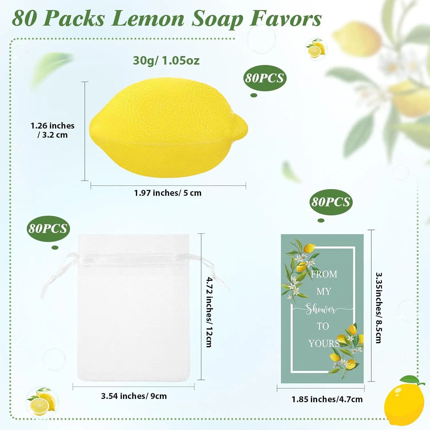 Lounsweer Set of 80 Wedding Lemon Soap Favors Mini Bridal Shower Favors Natural Lemon Shaped Soap Bar with from My Shower to Yours Cards and White Organza Bags for Party Baby Shower Decorations