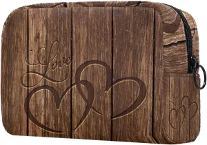 Love Heart Carved Wood Board Small Makeup Bags for Women Teen Girls, Makeup Storage Bag with Zipper Accessories Organizer Bag for Travelling
