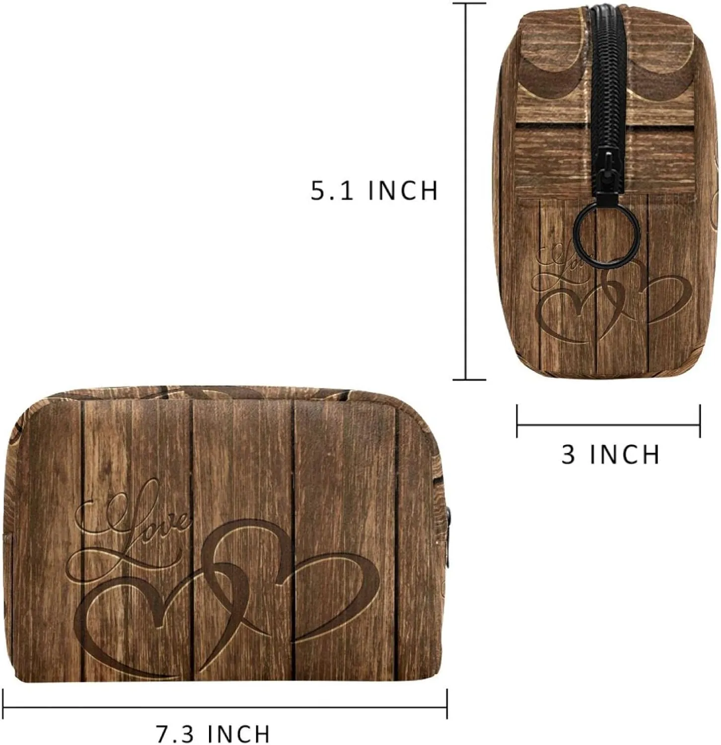 Love Heart Carved Wood Board Small Makeup Bags for Women Teen Girls, Makeup Storage Bag with Zipper Accessories Organizer Bag for Travelling