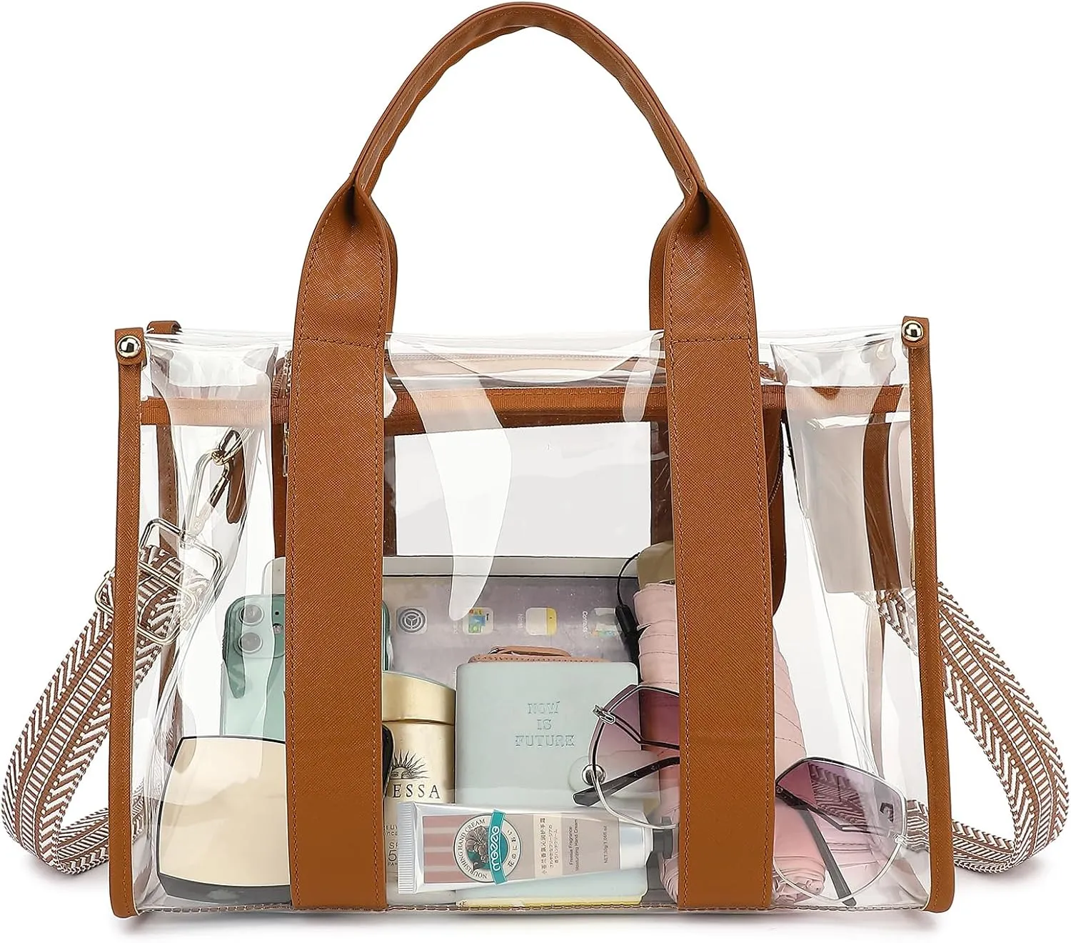LOXOMU Clear Tote Bag Stadium Approved, Large Clear Bag for Stadium Events Transparent Shoulder Handbag with Adjustable Strap