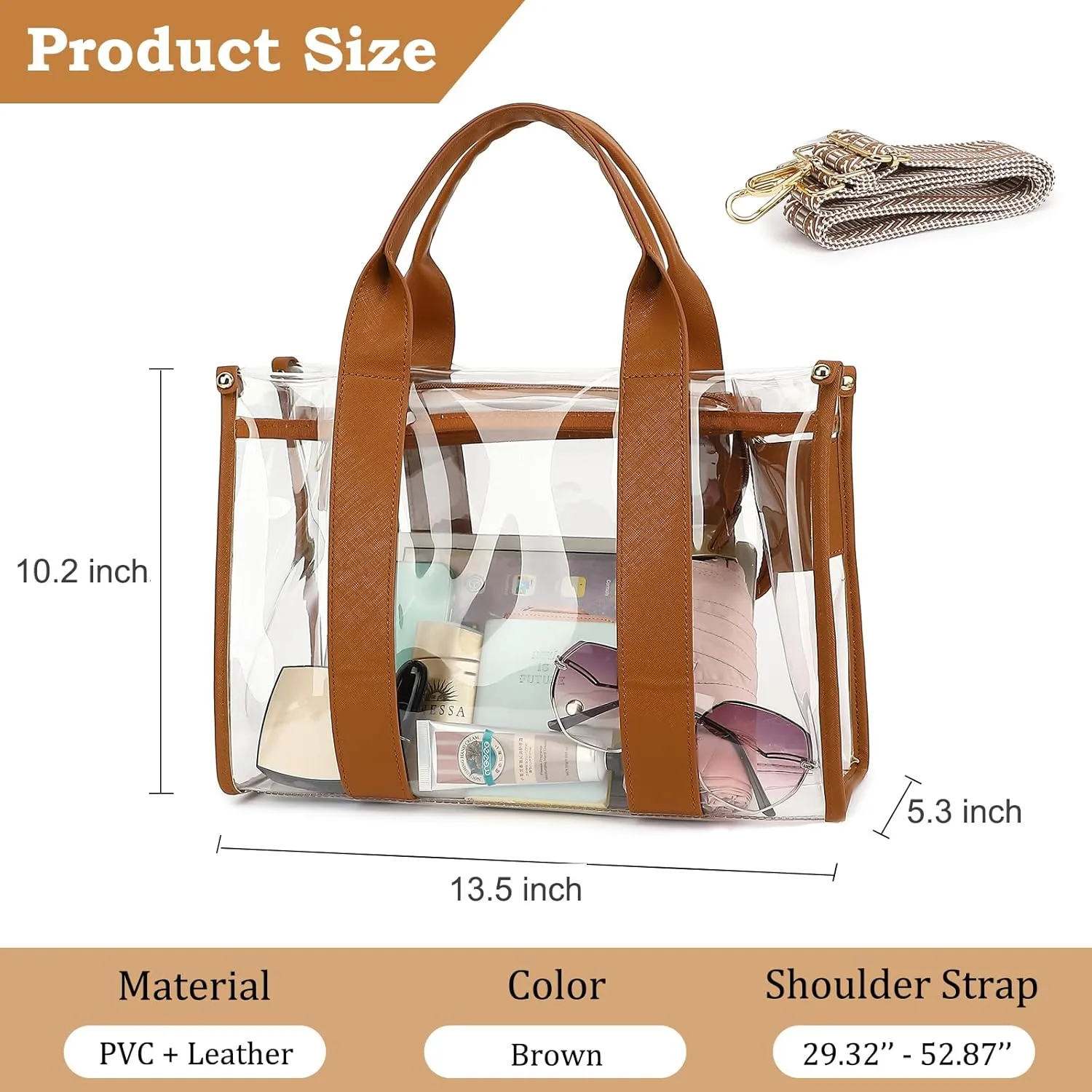 LOXOMU Clear Tote Bag Stadium Approved, Large Clear Bag for Stadium Events Transparent Shoulder Handbag with Adjustable Strap