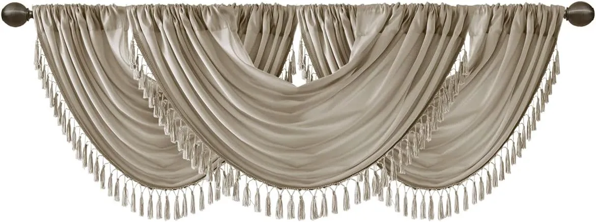 Madison Park Elena Waterfall Embellished Rod Pocket Valance , Faux Silk Valances for Window , 38X46" , Champagne
