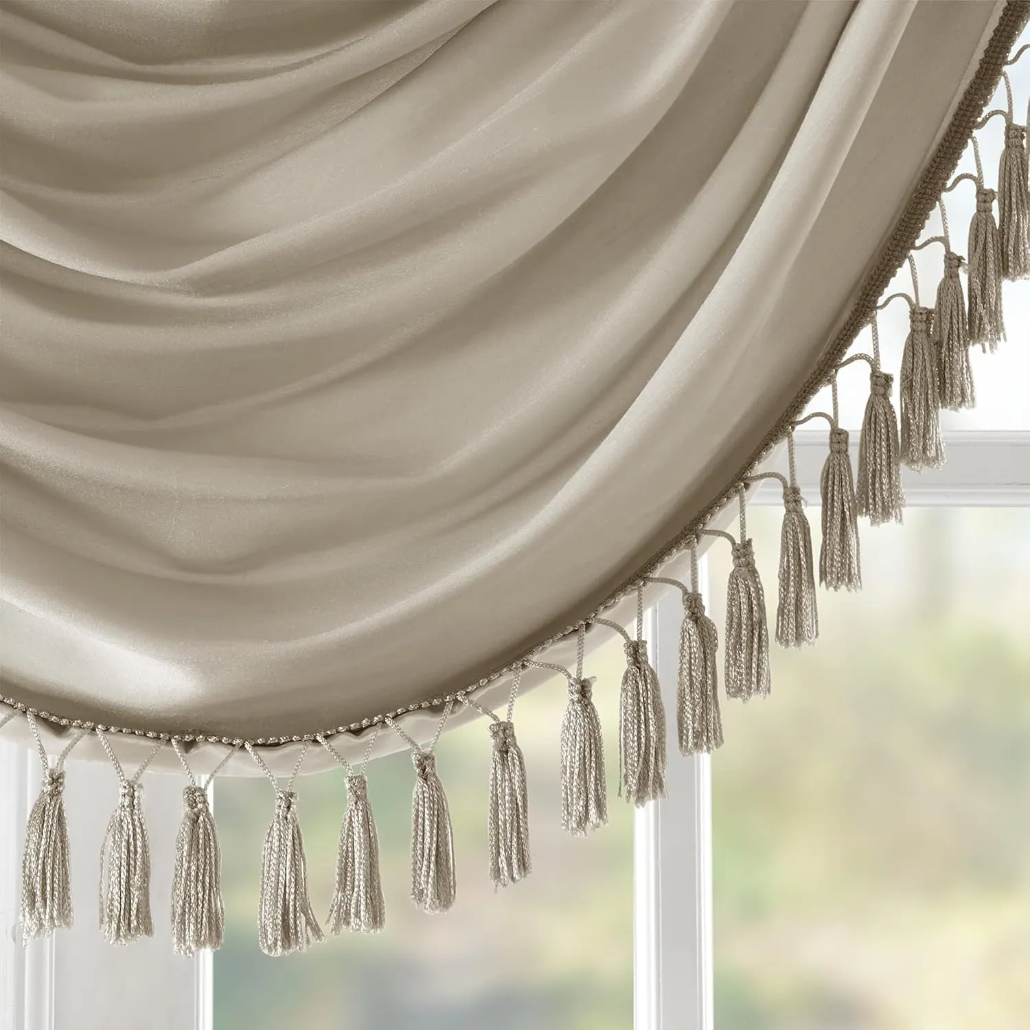 Madison Park Elena Waterfall Embellished Rod Pocket Valance , Faux Silk Valances for Window , 38X46" , Champagne