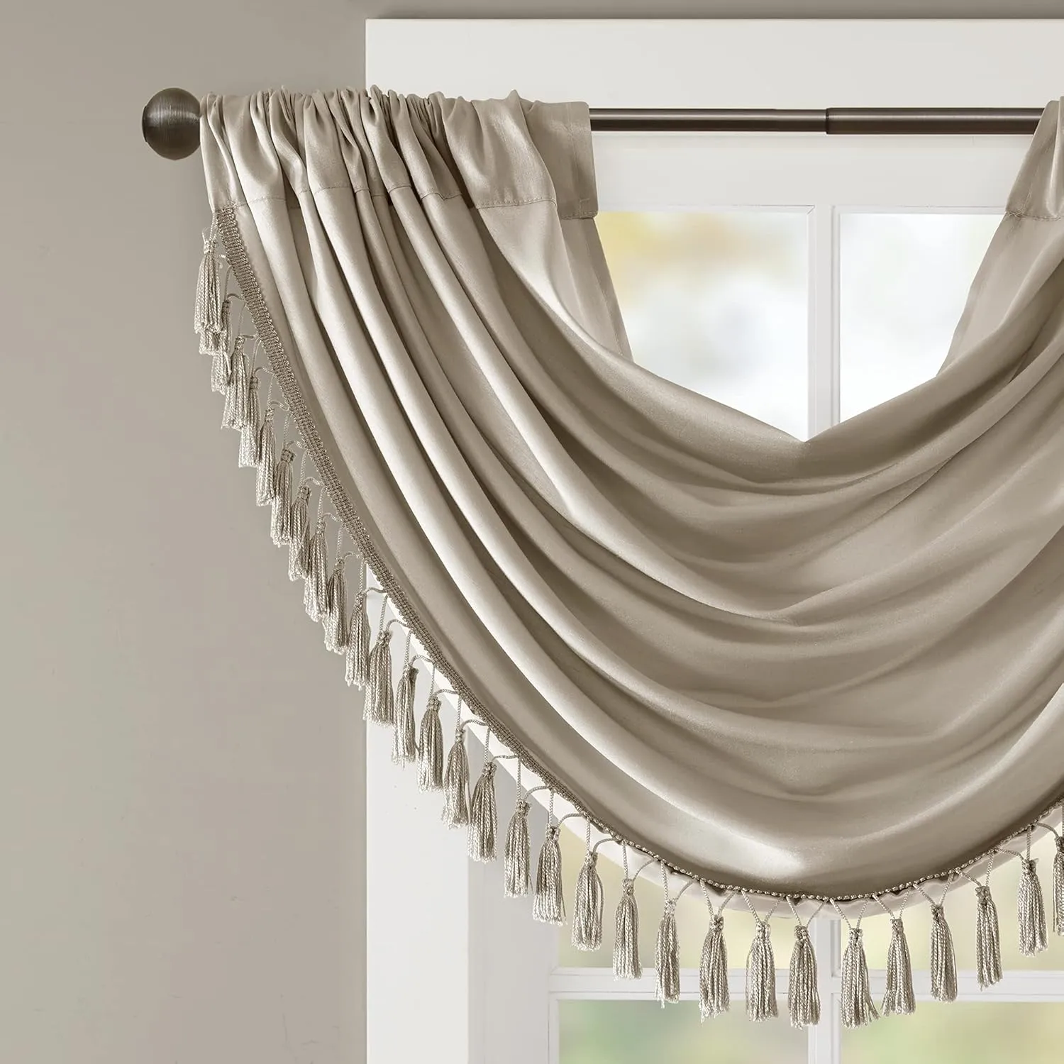 Madison Park Elena Waterfall Embellished Rod Pocket Valance , Faux Silk Valances for Window , 38X46" , Champagne