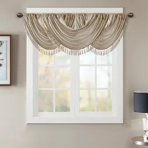 Madison Park Elena Waterfall Embellished Rod Pocket Valance , Faux Silk Valances for Window , 38X46" , Champagne