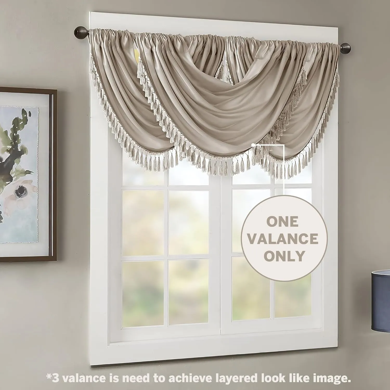Madison Park Elena Waterfall Embellished Rod Pocket Valance , Faux Silk Valances for Window , 38X46" , Champagne