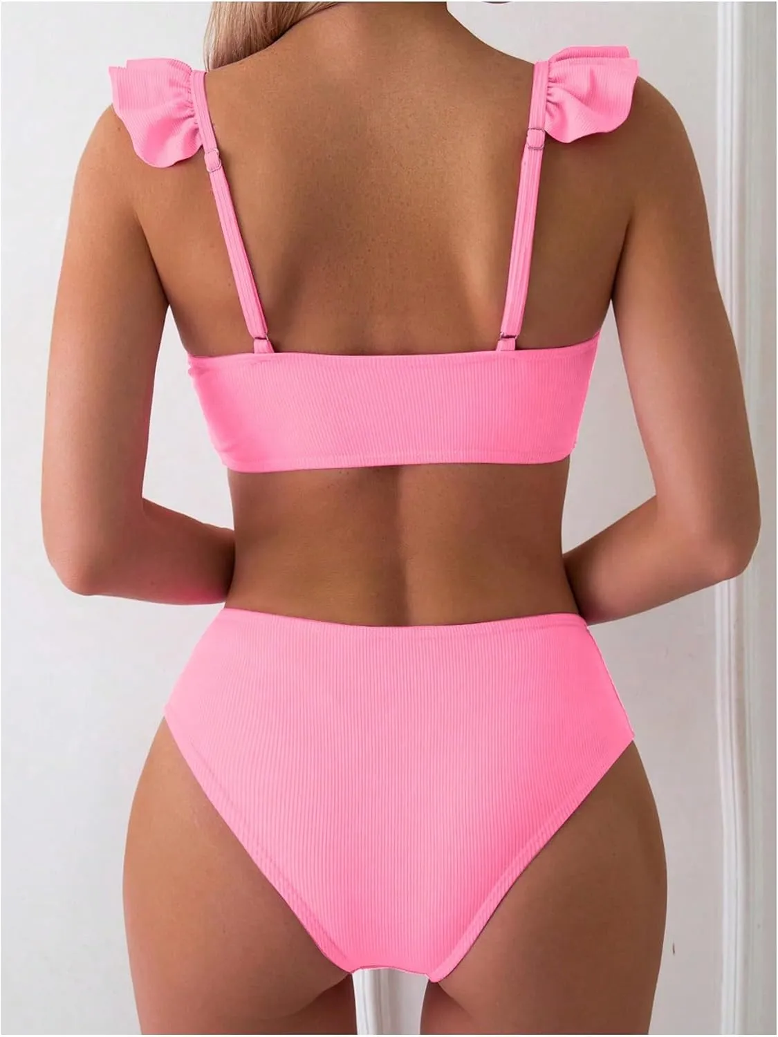 MakeMeChic Women's 2 Piece Bikini Sets Criss Cross Ruffle Trim Rib Knitted Beach Swimsuit High Waisted Bathing Suit